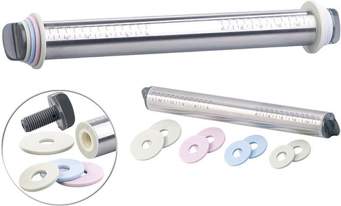 Rosenstein & Söhne, Rosenstein & Söhne Höhenverstellbarer Edelstahl-Teigroller, 4 Paar Abstandsscheiben, 35cm, Höhenverstellbarer Edelstahl-Teigroller, 4 Paar Abstandsscheiben, 35cm