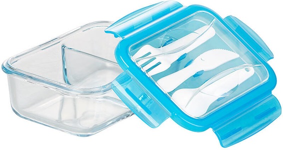 Rosenstein & Söhne, Rosenstein & Söhne Glas-Frischhaltedose, 2 Kammern, Besteck, Klick-Deckel, -20 bis 520 °C, Glas-Frischhaltedose, 2 Kammern, Besteck, Klick-Deckel, -20 bis 520 °C