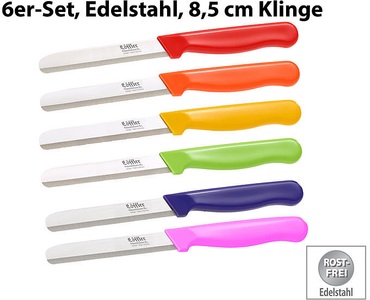Löffler Schneidewaren Co., Löffler Schneidewaren Co. 6 Edelstahl-Gemüsemesser aus Solingen, rund, gezackte 8,5-cm-Klinge, 6 Edelstahl-Gemüsemesser aus Solingen, rund, gezackte 8,5-cm-Klinge