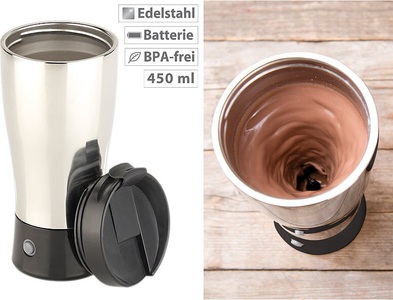 Rosenstein & Söhne, Rosenstein & Söhne Selbstrührender Thermobecher mit elektrischem Quirl, 450 ml, BPA-frei, Selbstrührender Thermobecher mit elektrischem Quirl, 450 ml, BPA-frei