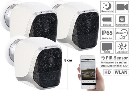 VisorTech, VisorTech 3er-Set IP-HD-Überwachungskameras mit App, IP65, bis 6 Monate Laufzeit, 3er-Set IP-HD-Überwachungskameras mit App, IP65, bis 6 Monate Laufzeit