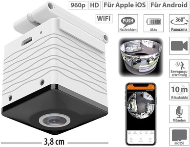 7links, 7links Mini-Akku-HD-Überwachungskamera mit 360°, 960p, Nachtsicht, WLAN, App, Mini-Akku-HD-Überwachungskamera mit 360°, 960p, Nachtsicht, WLAN, App