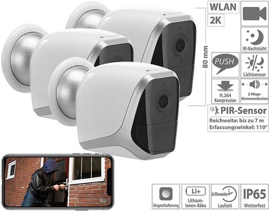 VisorTech, VisorTech 3er-Set 2K-WLAN-IP-Kamera mit Akku, App, 1 Jahr Stand-by, 3 MP, IP65, 3er-Set 2K-WLAN-IP-Kamera mit Akku, App, 1 Jahr Stand-by, 3 MP, IP65