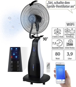 Sichler Haushaltsgeräte, Sichler Haushaltsgeräte Stand-Sprühnebel-Ventilator mit Oszillation, WLAN, App, Timer, 80 Watt, Stand-Sprühnebel-Ventilator mit Oszillation, WLAN, App, Timer, 80 Watt