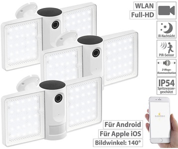 VisorTech, VisorTech 3er-Set Full-HD-IP-Überwachungskameras mit LED-Strahler, WLAN, App, 3er-Set Full-HD-IP-Überwachungskameras mit LED-Strahler, WLAN, App