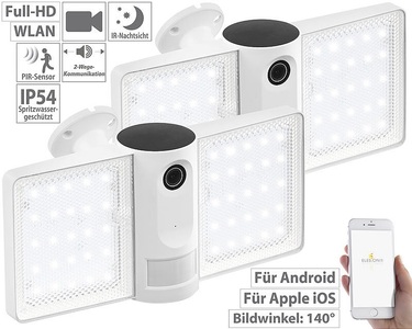 VisorTech, VisorTech 2er-Set Full-HD-IP-Überwachungskameras mit LED-Strahler, WLAN, App, 2er-Set Full-HD-IP-Überwachungskameras mit LED-Strahler, WLAN, App