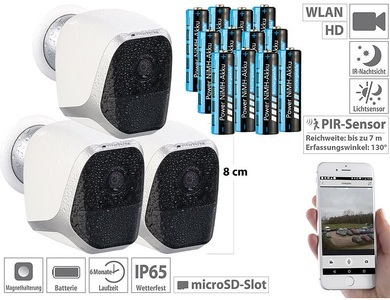 VisorTech, VisorTech 3er-Set IP-HD-Überwachungskameras mit App, IP65, 12 Akkus, 3er-Set IP-HD-Überwachungskameras mit App, IP65, 12 Akkus