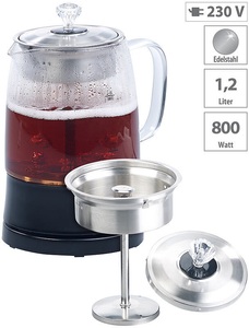 Rosenstein & Söhne, Rosenstein & Söhne 2in1-Glas-Teebereiter & Wasserkocher, Edelstahl-Sieb, 800 Watt, 1,2 l, 2in1-Glas-Teebereiter & Wasserkocher, Edelstahl-Sieb, 800 Watt, 1,2 l