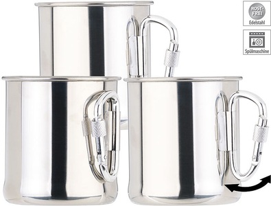 Semptec, Semptec Urban Survival Technology 3er-Set leichte Edelstahl-Becher, klappbarer Karabiner-Henkel, 250 ml, 3er-Set leichte Edelstahl-Becher, klappbarer Karabiner-Henkel, 250 ml