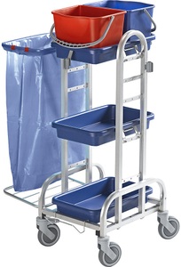 EUROKRAFT, EUROKRAFT Reinigungswagen Edelstahl mit 2 x 10-l-Eimer Kunststoffrollen, Reinigungswagen Edelstahl III, 2x 10 Liter, Halterahmen für 120-Liter-Abfallsack, 3 Auffangschalen