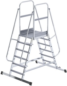 EUROKRAFT, EUROKRAFT Alu-Podestleiter beidseitig begehbar, fahrbar 2 x 6 Stufen, eurokraft pro Alu-Podestleiter, beidseitig begehbar, fahrbar, 2 x 6 Stufen