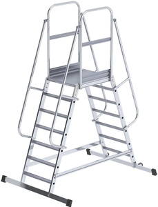EUROKRAFT, EUROKRAFT Alu-Podestleiter beidseitig begehbar, fahrbar 2 x 7 Stufen, eurokraft pro Alu-Podestleiter, beidseitig begehbar, fahrbar, 2 x 7 Stufen