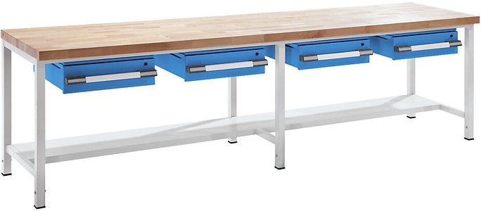EUROKRAFT, EUROKRAFT Werkbank, höhenverstellbar mit Schubladen Breite 3000 mm, grau / blau, eurokraft pro Höhenverstellbare Werkbank, Gestellbauweise, mit Schubladen, Breite 3000 mm, grau / blau