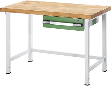 EUROKRAFT, EUROKRAFT Werkbank, höhenverstellbar, mit Buchemassivplatte 1 Schublade Breite 1500 mm, anthrazit / blau, eurokraft pro Höhenverstellbare Werkbank, Gestellbauweise, 1 Schublade, Breite 1500 mm, anthrazit / blau