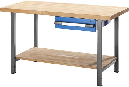 EUROKRAFT, EUROKRAFT Werkbank, höhenverstellbar, mit Buchemassivplatte 1 Schublade, 1 Ablageboden Breite 1000 mm, anthrazit / blau, eurokraft pro Höhenverstellbare Werkbank, Gestellbauweise, 1 Schublade, 1 Ablageboden, Breite 1000 mm, anthrazit / blau