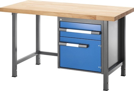 EUROKRAFT, EUROKRAFT Werkbank, höhenverstellbar, mit Buchemassivplatte 1 Schublade, 1 Flügeltür Breite 1500 mm, anthrazit / blau, eurokraft pro Höhenverstellbare Werkbank, Gestellbauweise, 1 Schublade, 1 Flügeltür, Breite 1500 mm, anthrazit / blau