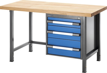 EUROKRAFT, EUROKRAFT Werkbank, höhenverstellbar, mit Buchemassivplatte 3 Schubladen Breite 1500 mm, anthrazit / blau, eurokraft pro Höhenverstellbare Werkbank, Gestellbauweise, 3 Schubladen, Breite 1500 mm, anthrazit / blau