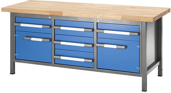 EUROKRAFT, EUROKRAFT Werkbank, höhenverstellbar, mit Buchemassivplatte 5 Schubladen, 2 Flügeltüren Breite 2000 mm, anthrazit / blau, eurokraft pro Höhenverstellbare Werkbank, Gestellbauweise, 5 Schubladen, 2 Flügeltüren, Breite 2000 mm, anthrazit / blau