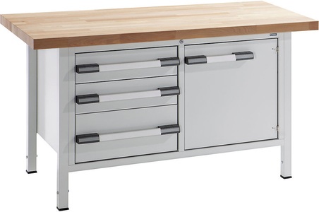 EUROKRAFT, EUROKRAFT Werkbank, höhenverstellbar Breite 1500 mm, 3 Schubladen, 1 Tür grau, eurokraft pro Höhenverstellbare Werkbank, Gestellbauweise, Breite 1500 mm, 3 Schubladen, 1 Tür, grau