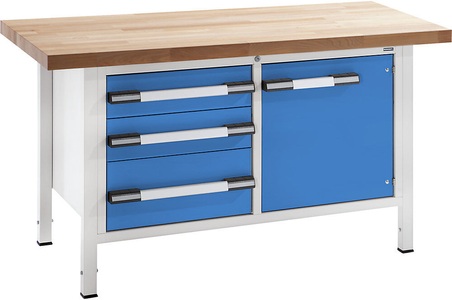 EUROKRAFT, EUROKRAFT Werkbank, höhenverstellbar Breite 1500 mm, 3 Schubladen, 1 Tür grau / blau, eurokraft pro Höhenverstellbare Werkbank, Gestellbauweise, Breite 1500 mm, 3 Schubladen, 1 Tür, grau / blau