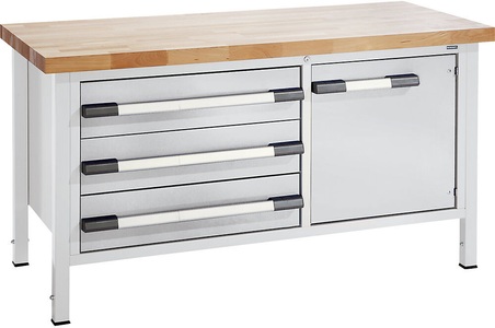 EUROKRAFT, EUROKRAFT Werkbank, höhenverstellbar Breite 1500 mm, 3 Schubladen 180 mm, 1 Tür grau, eurokraft pro Höhenverstellbare Werkbank, Gestellbauweise, Breite 1500 mm, 3 Schubladen 180 mm, 1 Tür, grau