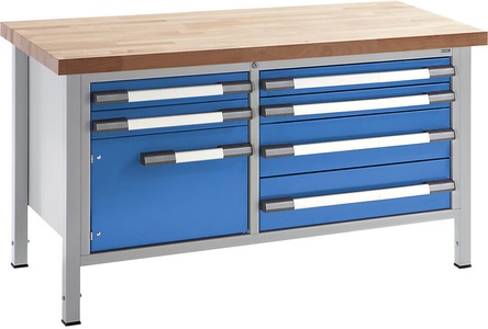 EUROKRAFT, EUROKRAFT Werkbank, höhenverstellbar Breite 1500 mm, 6 Schubladen, 1 Tür grau / blau, eurokraft pro Höhenverstellbare Werkbank, Gestellbauweise, Breite 1500 mm, 6 Schubladen, 1 Tür, grau / blau