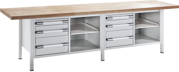 EUROKRAFT, EUROKRAFT Werkbank, höhenverstellbar Breite 3000 mm, 6 Schubladen grau, eurokraft pro Höhenverstellbare Werkbank, Gestellbauweise, Breite 3000 mm, 6 Schubladen, grau