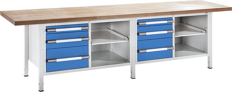 EUROKRAFT, EUROKRAFT Werkbank, höhenverstellbar Breite 3000 mm, 6 Schubladen grau / blau, eurokraft pro Höhenverstellbare Werkbank, Gestellbauweise, Breite 3000 mm, 6 Schubladen, grau / blau