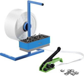 EUROKRAFT, EUROKRAFT Umreifungs-Set bestehend aus Abroller, Kraftband-Spanngerät, Polyester-Kraftband, Metallklemmen Bandbreite 13 mm, ratioform Umreifungs-Set, PET-Kraftband gewebt, Spanngerät, tragbarer Abroller, Metallklemmen, Band, Bandbreite 13 mm