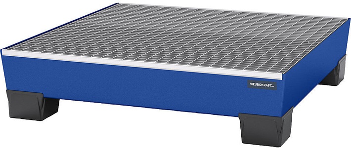 EUROKRAFT, EUROKRAFT Stahl-Auffangwanne mit PP-Füßen LxBxH 1240 x 1210 x 295 mm blau, mit Gitterrost, eurokraft pro Stahl-Auffangwanne mit Kunststoff-Füßen, LxBxH 1240 x 1210 x 295 mm, blau, mit Gitterrost