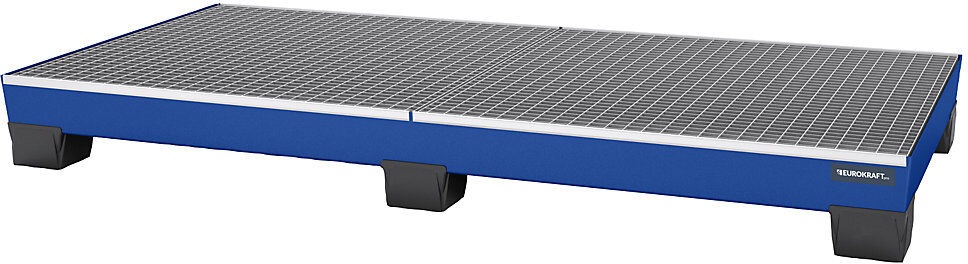 EUROKRAFT, EUROKRAFT Stahl-Auffangwanne mit PP-Füßen LxBxH 2460 x 1210 x 260 mm blau, mit Gitterrost, eurokraft pro Stahl-Auffangwanne mit Kunststoff-Füßen, LxBxH 2460 x 1210 x 260 mm, blau, mit Gitterrost