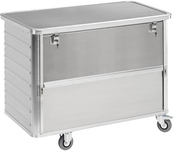 undefined, Alu-Kastenwagen, absenkbare Seitenwand mit Deckel, abschließbar Volumen 650 l, Alu-Kastenwagen mit halb absenkbarer Wand, 650 Liter, mit Deckel + Schloss