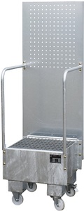 undefined, Fahrbare Auffangwanne mit Lochplattenwand 1 x 60-l-Fass stehend, LxBxH 570 x 590 x 1775 mm feuerverzinkt, Auffangwanne mit Lochplatte, 1x 60 l, HxBxT 1.775 x 590 x 1.775 mm, feuerverzinkt