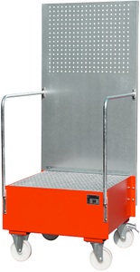 undefined, Fahrbare Auffangwanne mit Lochplattenwand 1 x 200-l-Fass stehend, LxBxH 870 x 890 x 2110 mm feuerrot, Auffangwanne mit Lochplatte, 1x 200 l, HxBxT 2.110 x 890 x 870 mm, feuerrot