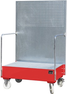 undefined, Fahrbare Auffangwanne mit Lochplattenwand 2 x 200-l-Fass stehend nebeneinander, LxBxH 870 x 1290 x 2015 mm feuerrot, Fahrbare Auffangwanne, aus Stahl, 215 l Auffangvolumen für 2 x 200-Liter Fässer, rot lackiert