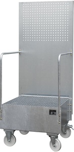 undefined, Fahrbare Auffangwanne mit Lochplattenwand 1 x 200-l-Fass stehend, LxBxH 870 x 890 x 2110 mm feuerverzinkt, Auffangwanne mit Lochplatte, 1x 200 l, HxBxT 2.110 x 890 x 870 mm, feuerverzinkt