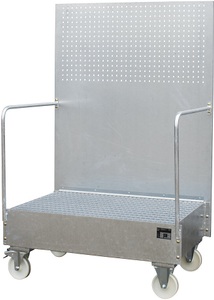 undefined, Fahrbare Auffangwanne mit Lochplattenwand 2 x 200-l-Fass stehend nebeneinander, LxBxH 870 x 1290 x 2015 mm feuerverzinkt, Auffangwanne mit Lochplatte, 2x 200 l, HxBxT 2.015 x 1.290 x 870 mm, feuerverzinkt