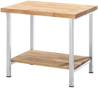 EUROKRAFT, EUROKRAFT Werkbank, höhenverstellbar, mit Buchemassivplatte 1 Ablageboden Breite 750 mm, Gestell lichtgrau, eurokraft pro Höhenverstellbare Werkbank, Gestellbauweise, 1 Ablageboden, Breite 750 mm, Gestell lichtgrau