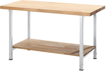 EUROKRAFT, EUROKRAFT Werkbank, höhenverstellbar, mit Buchemassivplatte 1 Ablageboden Breite 1500 mm, Gestell lichtgrau, eurokraft pro Höhenverstellbare Werkbank, Gestellbauweise, 1 Ablageboden, Breite 1500 mm, Gestell lichtgrau