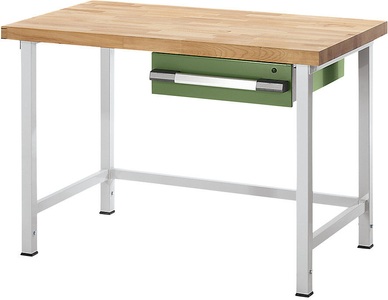 EUROKRAFT, EUROKRAFT Werkbank, höhenverstellbar, mit Buchemassivplatte 1 Schublade Breite 1000 mm, lichtgrau / grün, eurokraft pro Höhenverstellbare Werkbank, Gestellbauweise, 1 Schublade, Breite 1000 mm, lichtgrau / grün