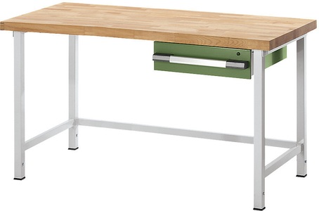EUROKRAFT, EUROKRAFT Werkbank, höhenverstellbar, mit Buchemassivplatte 1 Schublade Breite 2000 mm, lichtgrau / grün, eurokraft pro Höhenverstellbare Werkbank, Gestellbauweise, 1 Schublade, Breite 2000 mm, lichtgrau / grün