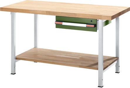 EUROKRAFT, EUROKRAFT Werkbank, höhenverstellbar, mit Buchemassivplatte 1 Schublade, 1 Ablageboden Breite 2000 mm, lichtgrau / resedagrün, eurokraft pro Höhenverstellbare Werkbank, Gestellbauweise, 1 Schublade, 1 Ablageboden, Breite 2000 mm, lichtgrau / resedagrün