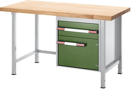 EUROKRAFT, EUROKRAFT Werkbank, höhenverstellbar, mit Buchemassivplatte 1 Schublade, 1 Flügeltür Breite 1250 mm, lichtgrau / grün, eurokraft pro Höhenverstellbare Werkbank, Gestellbauweise, 1 Schublade, 1 Flügeltür, Breite 1250 mm, lichtgrau / grün