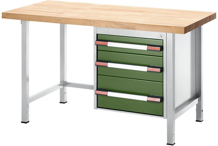 EUROKRAFT, EUROKRAFT Werkbank, höhenverstellbar, mit Buchemassivplatte 3 Schubladen Breite 1250 mm, lichtgrau / grün, eurokraft pro Höhenverstellbare Werkbank, Gestellbauweise, 3 Schubladen, Breite 1250 mm, lichtgrau / grün
