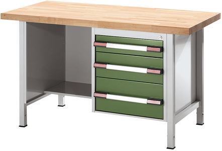 EUROKRAFT, EUROKRAFT Werkbank, höhenverstellbar, mit Buchemassivplatte 3 Schubladen, 1 Ablageboden Breite 1500 mm, lichtgrau / grün, eurokraft pro Höhenverstellbare Werkbank, Gestellbauweise, 3 Schubladen, 1 Ablageboden, Breite 1500 mm, lichtgrau / grün