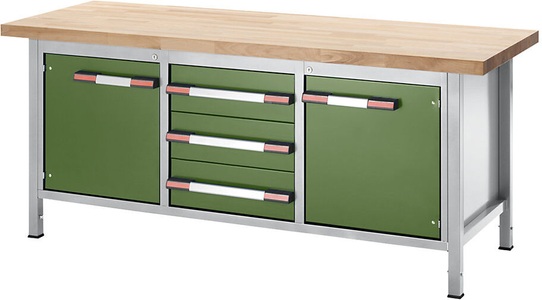 EUROKRAFT, EUROKRAFT Werkbank, höhenverstellbar, mit Buchemassivplatte 3 Schubladen, 2 Flügeltüren Breite 2000 mm, lichtgrau / grün, eurokraft pro Höhenverstellbare Werkbank, Gestellbauweise, 3 Schubladen, 2 Flügeltüren, Breite 2000 mm, lichtgrau / grün