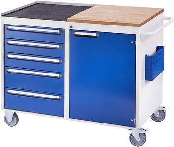 RAU, RAU Werkbank, fahrbar 5 Schubladen, 1 Tür, Arbeitsfläche Holz / Metall lichtgrau / enzianblau, RAU Kompaktwerkbänke, fahrbar, 5 Schubladen, 1 Tür, Arbeitsfläche Holz / Metall, lichtgrau / enzianblau