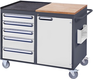 RAU, RAU Werkbank, fahrbar 5 Schubladen, 1 Tür, Arbeitsfläche Holz / Metall anthrazit / lichtgrau, RAU Kompaktwerkbänke, fahrbar, 5 Schubladen, 1 Tür, Arbeitsfläche Holz / Metall, anthrazit / lichtgrau