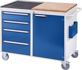 RAU, RAU Werkbank, fahrbar 4 Schubladen, 1 Tür, Arbeitsfläche Holz / Metall lichtgrau / enzianblau, RAU Kompaktwerkbänke, fahrbar, 4 Schubladen, 1 Tür, Arbeitsfläche Holz / Metall, lichtgrau / enzianblau