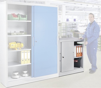 EUROKRAFT, EUROKRAFT Schiebetürschrank mit 2 Fachböden, HxB 1000 x 1000 mm Tiefe 420 mm, Türen resedagrün RAL 6011, eurokraft pro Schiebetürschrank Höhe 1000 mm, mit 2 Fachböden, Tiefe 420 mm, Türen resedagrün RAL 6011